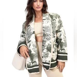 Evelyn Lapel Quilted Open Green Cream Women's Jacket NWTs Animal Print large